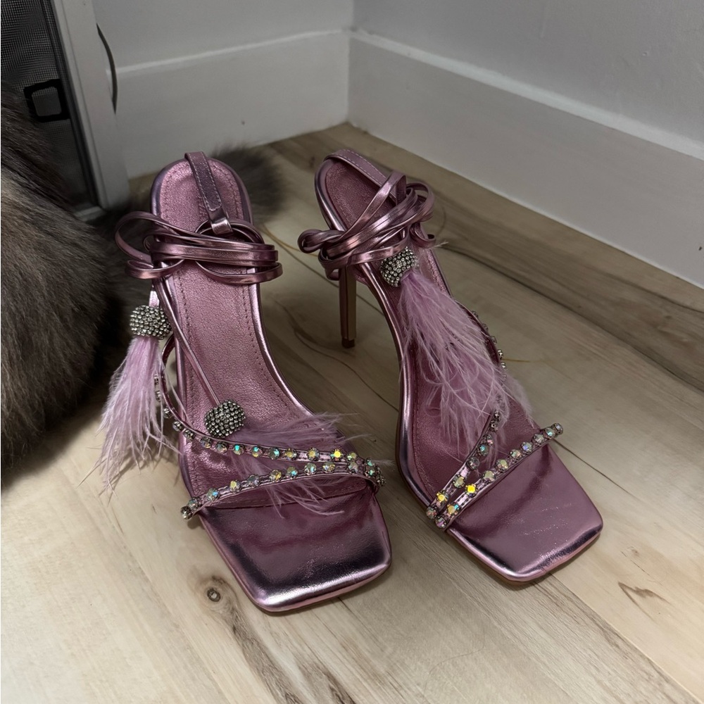 Azalea Wang Pink Rhinestone Feather Square Toe Stiletto Heels